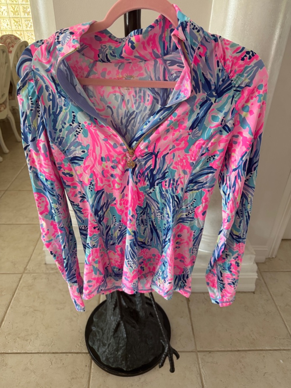 Lilly Pulitzer Pink, Light Blue & Navy Printed Quarter-Zip Pullover